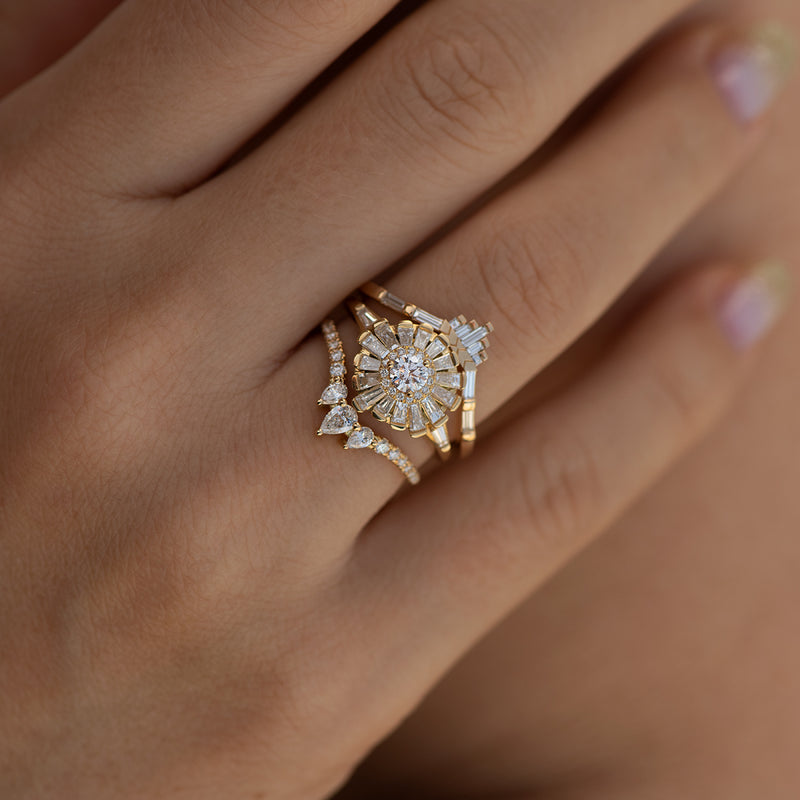 Halo Ring with Baguette Diamond Frills - Asymmetric Halo Engagement Ring