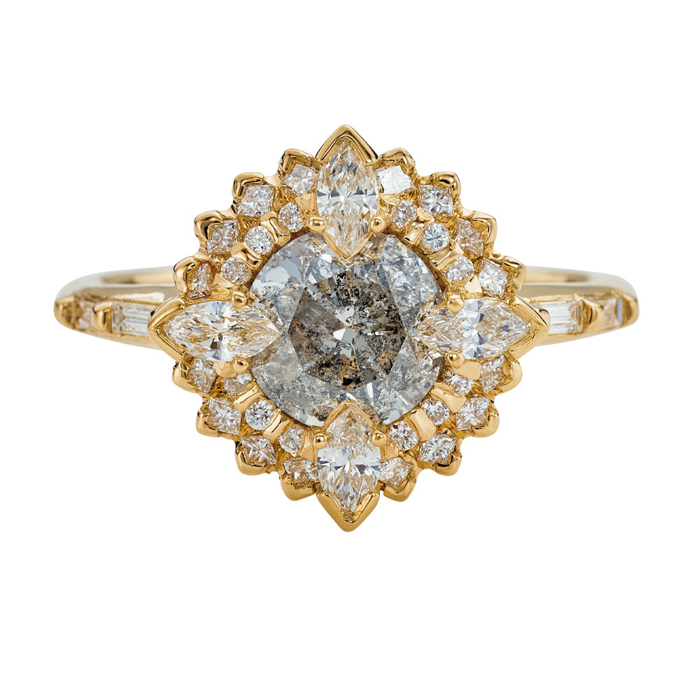 Golden-Lotus-Engagement-ring-with-Grey-and-White-Diamonds-closeup
