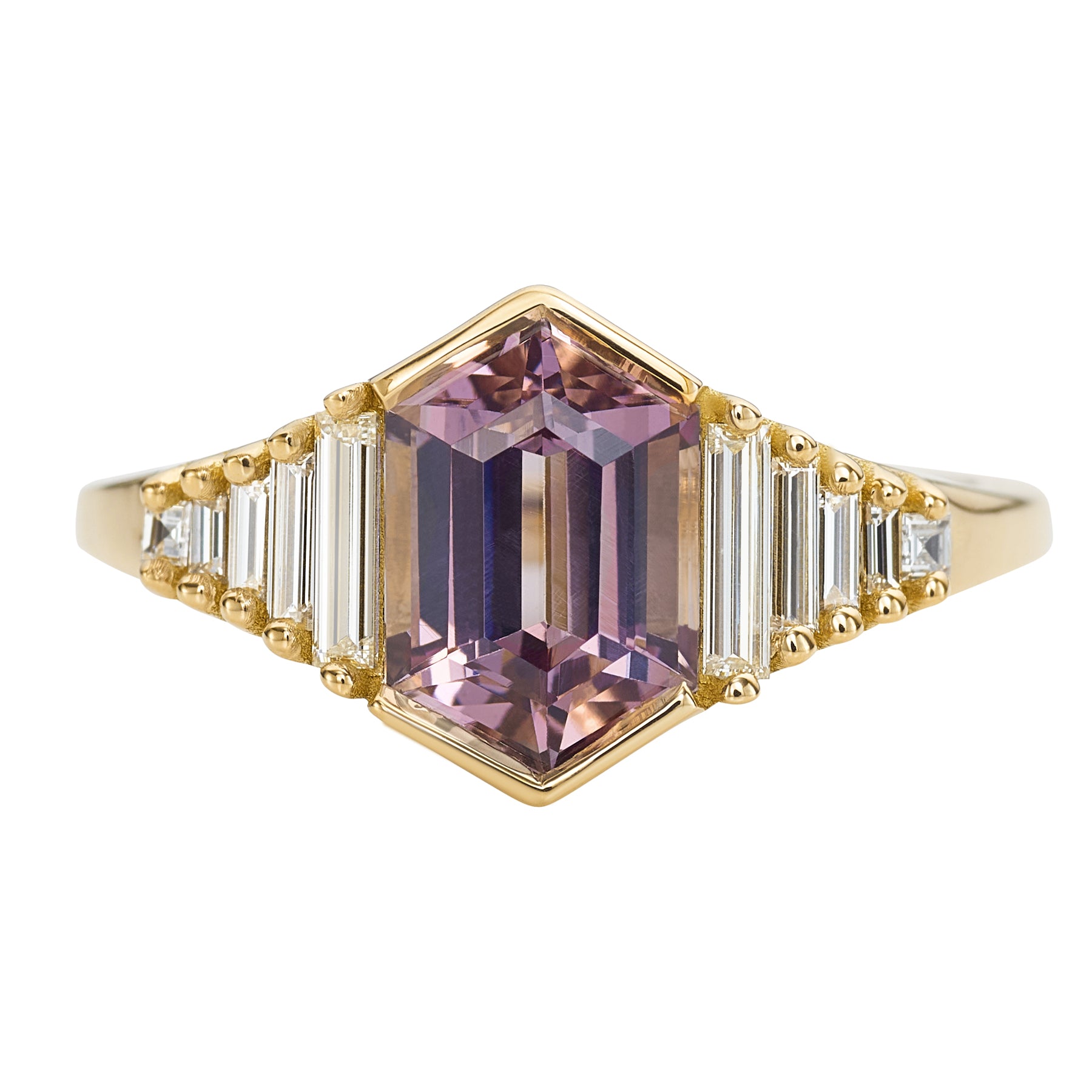Lilac-Engagement-Ring-with-an-Elongated-Hexagon-Spinel-and-Baguette-Diamonds-closeup