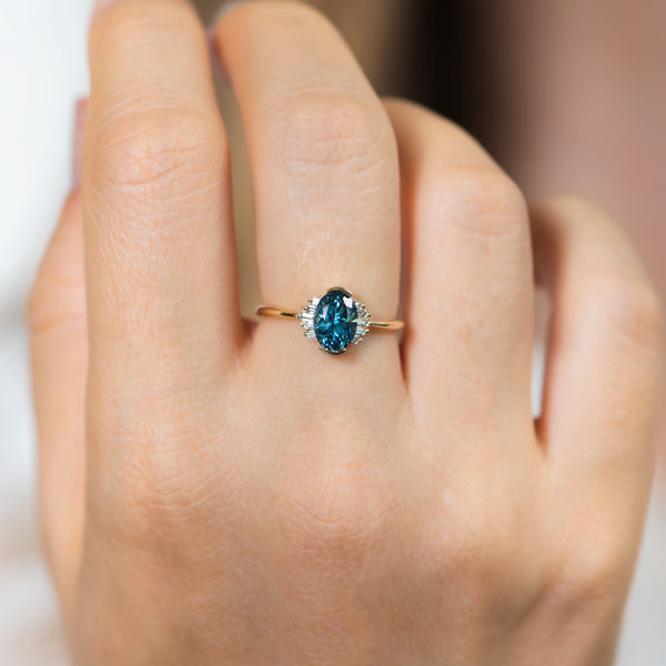 OOAK Oval Cut Teal Sapphire Engagement Ring with White Diamond