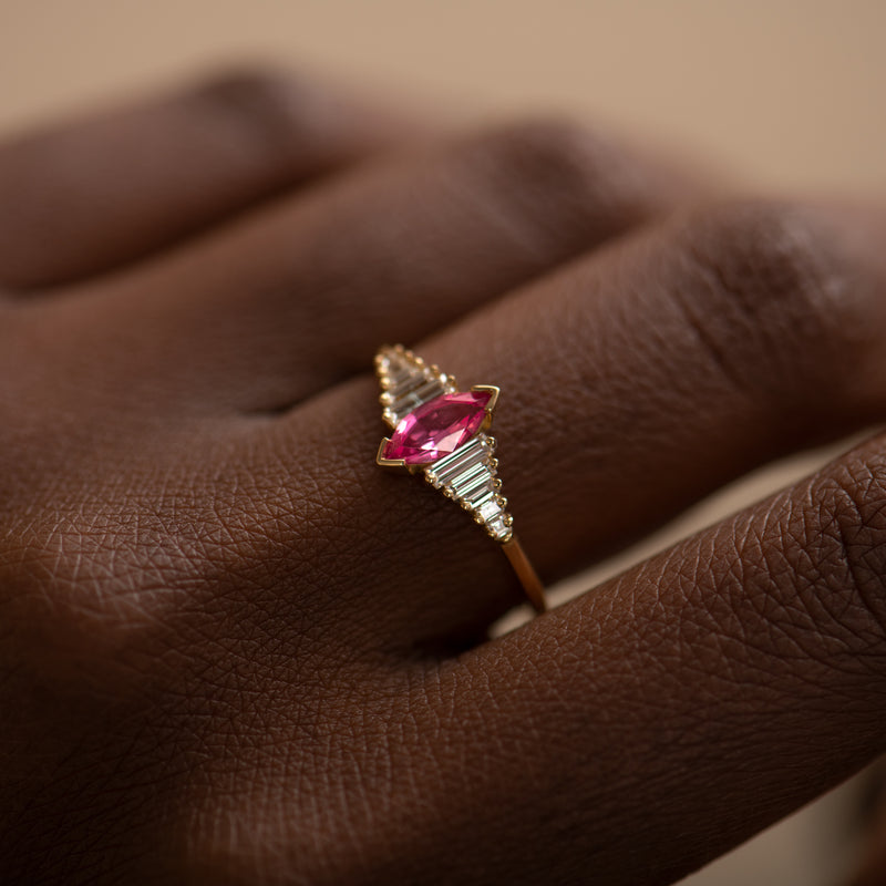 Pink-Spinel-Engagement-Ring-with-a-Dainty-Diamond-Lineup-side-shot-in-set