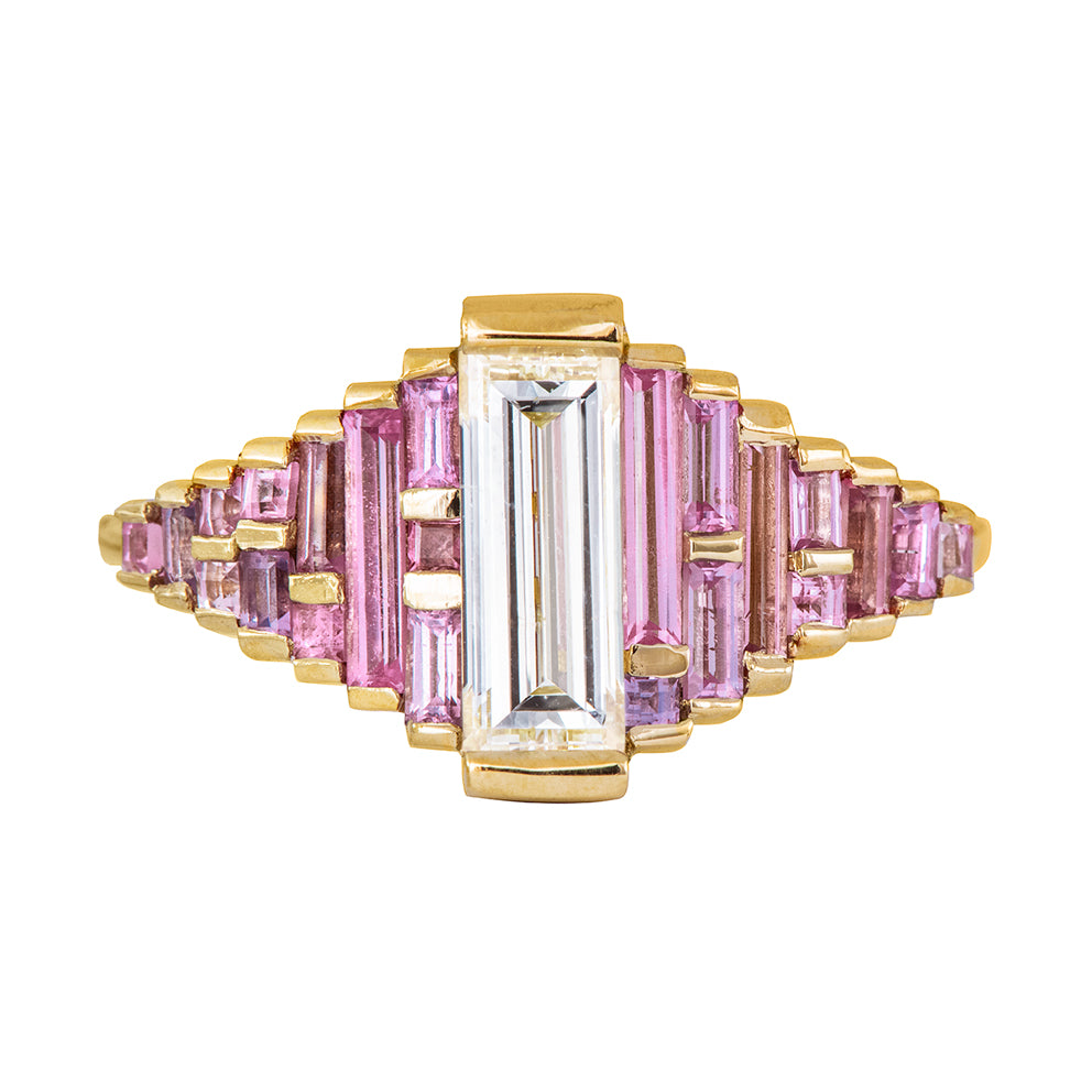 Purple and Lilac Sapphire Ring with Baguette Diamond on White