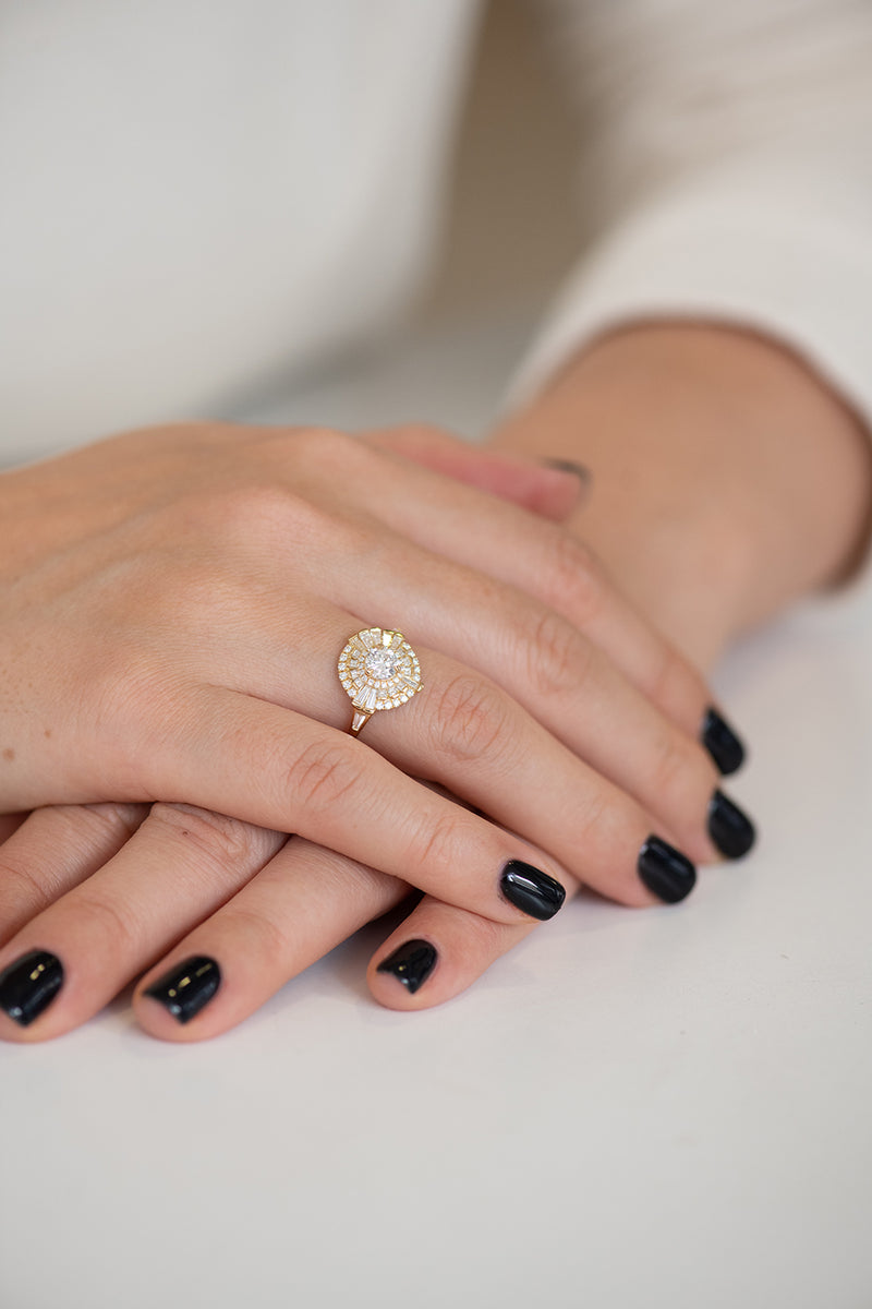 Round Diamond Cluster Ring with Asymmetric Frills on Hands 