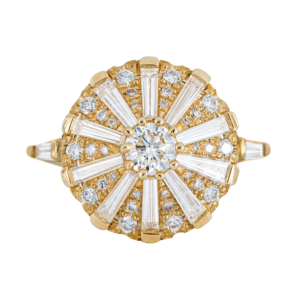 Round Engagement Ring with Long Tapered Baguette Diamonds