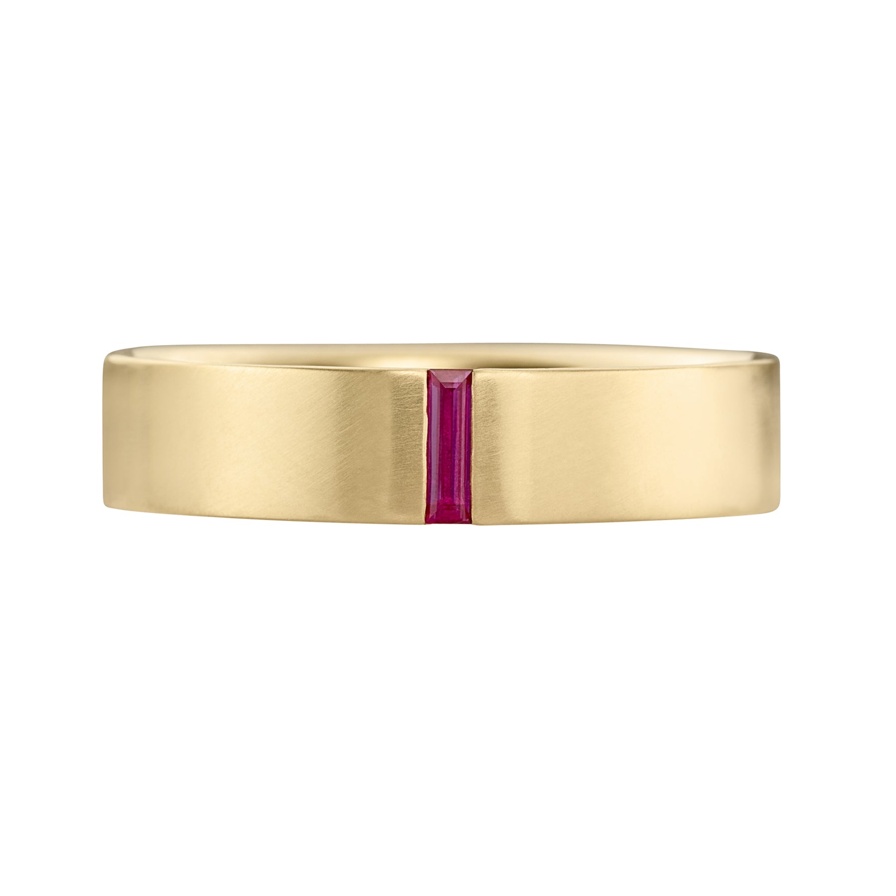 Ruby-Baguette-Unisex-Matte-Gold-Wedding-Band-closeup