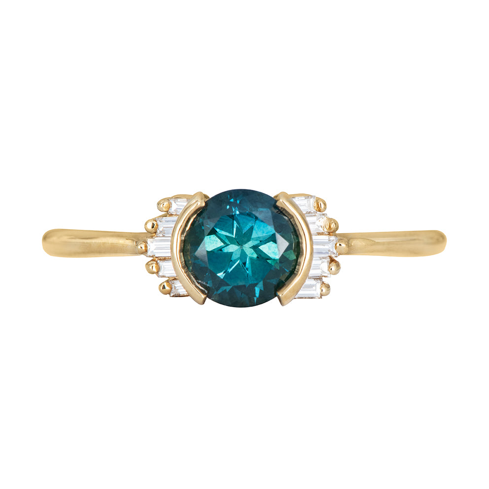 Teal Sapphire Ring with Baguette Diamond Wings