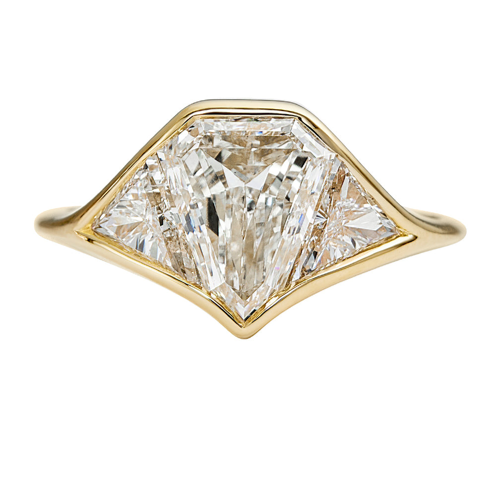 Three-Stone-Signet-Engagement-Ring-with-a-2ct-Diamond-Cut-Shield-OOAK-closeup