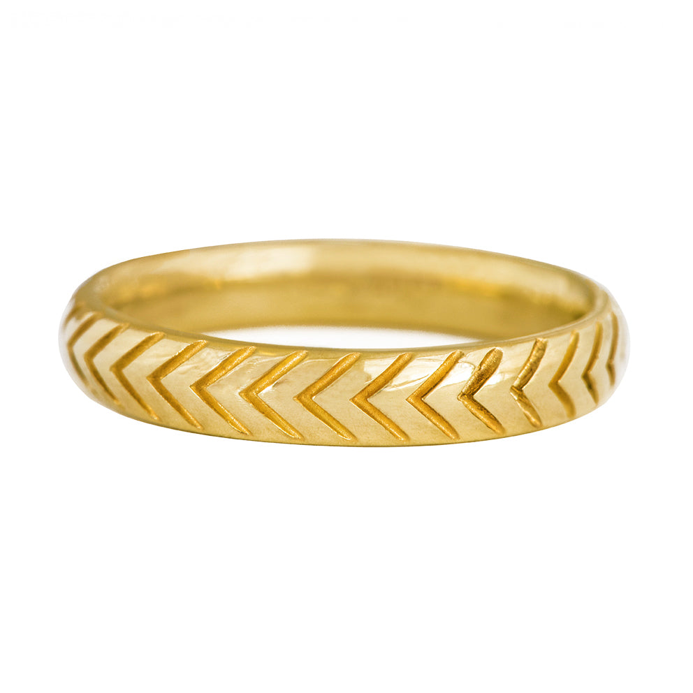 Unique Men's Wedding Band with Engraved Geometric Pattern front view on white