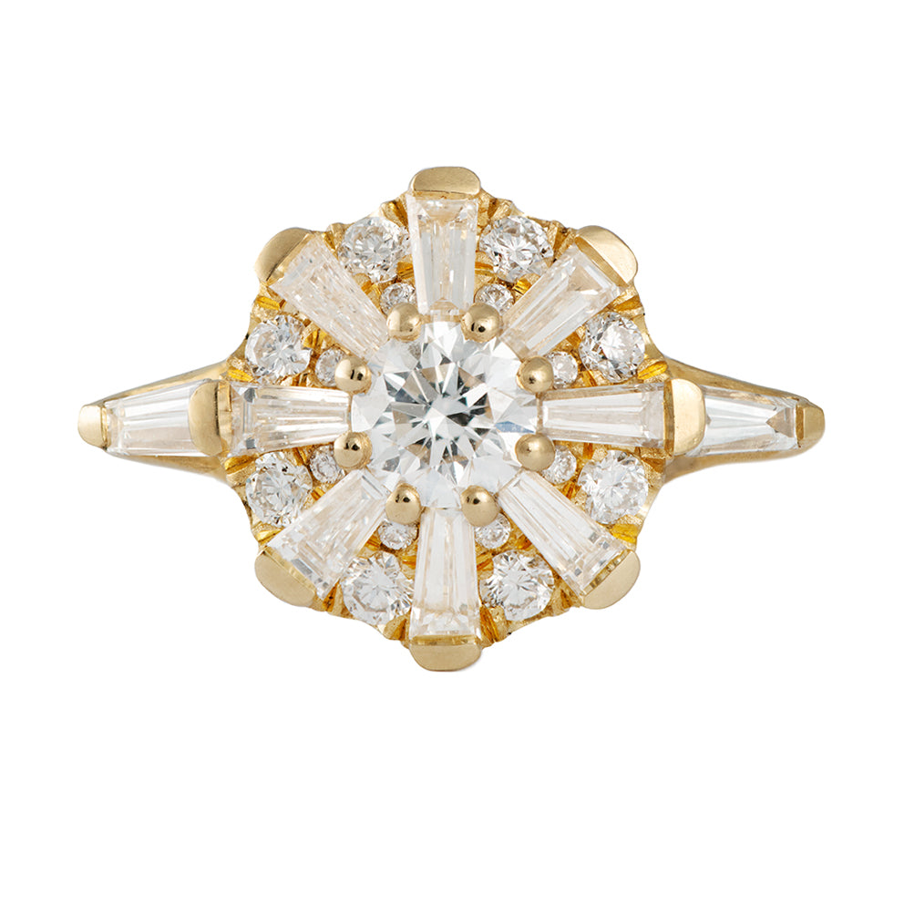 The Sun Temple Ring with Tapered Baguette Diamonds Halo