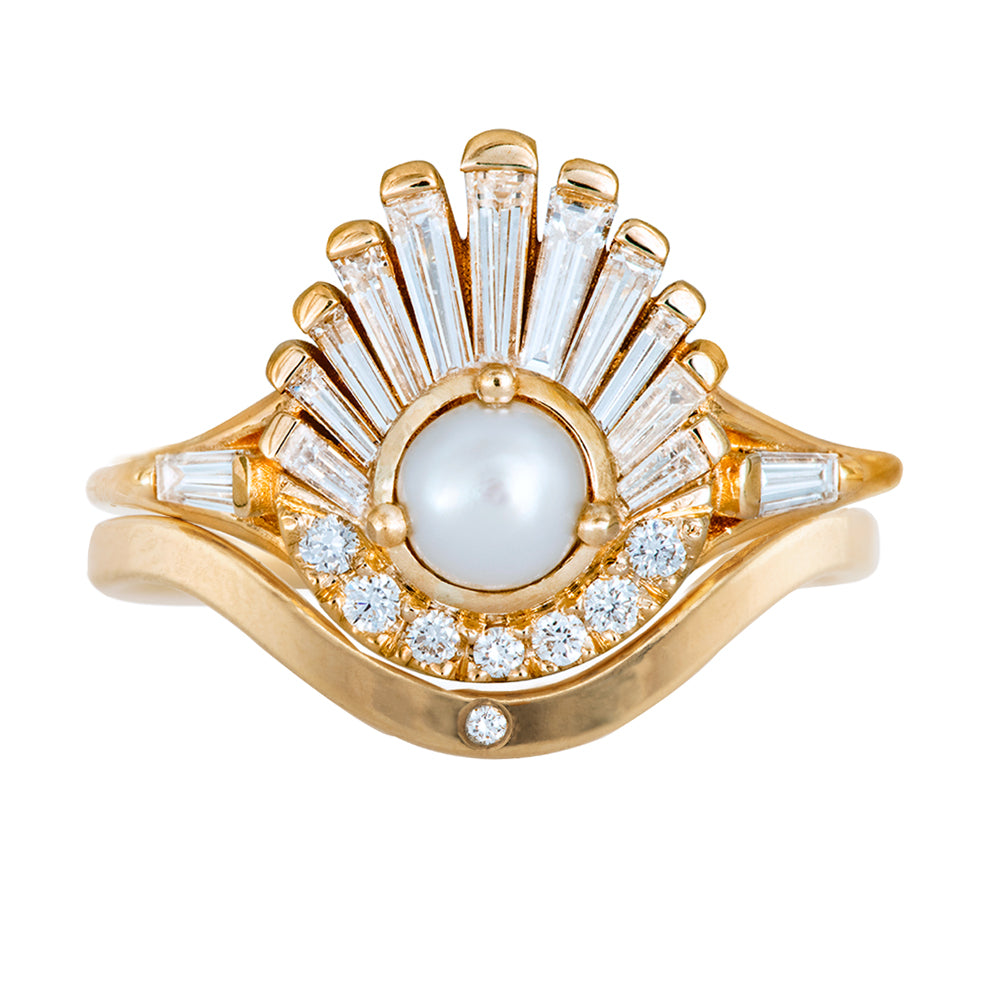 Diamond and Pearl Engagement Ring - Baguette Diamond Shell Ring