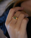 Chunky-Asymmetric-Statement-Ring-with-OOAK-Emerald-Cut-Parti-Sapphire-on-finger