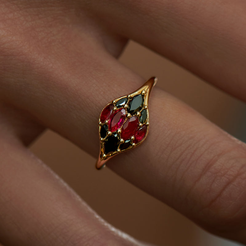Ready to Ship -Dome Marquise Ruby & Black Diamond Ring (size US 4-8)