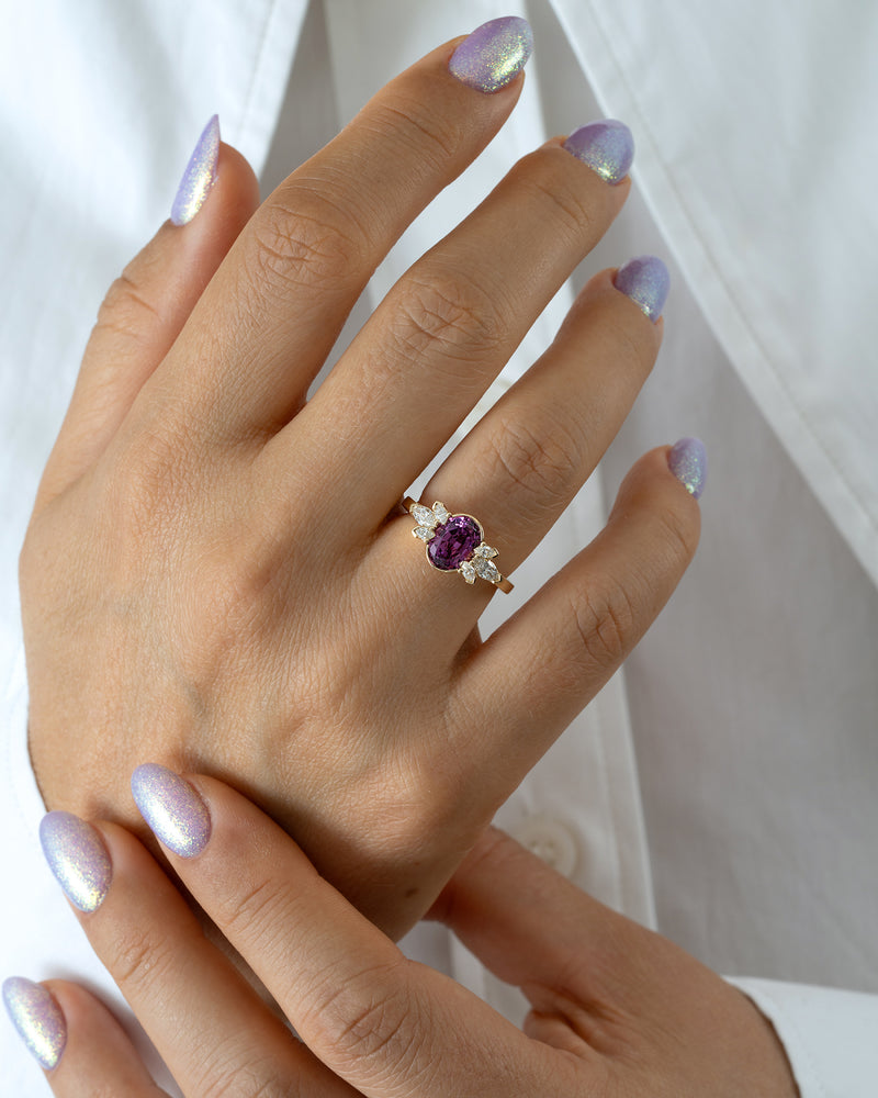 Flowers-of-Evil-Pink-Rhodolite-Garnet-_-Diamond-Ring-On-Hand