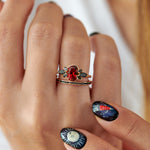 Flowers-of-Evil-Red-Garnet-Black-Diamond-Engagement-Ring-on-finger