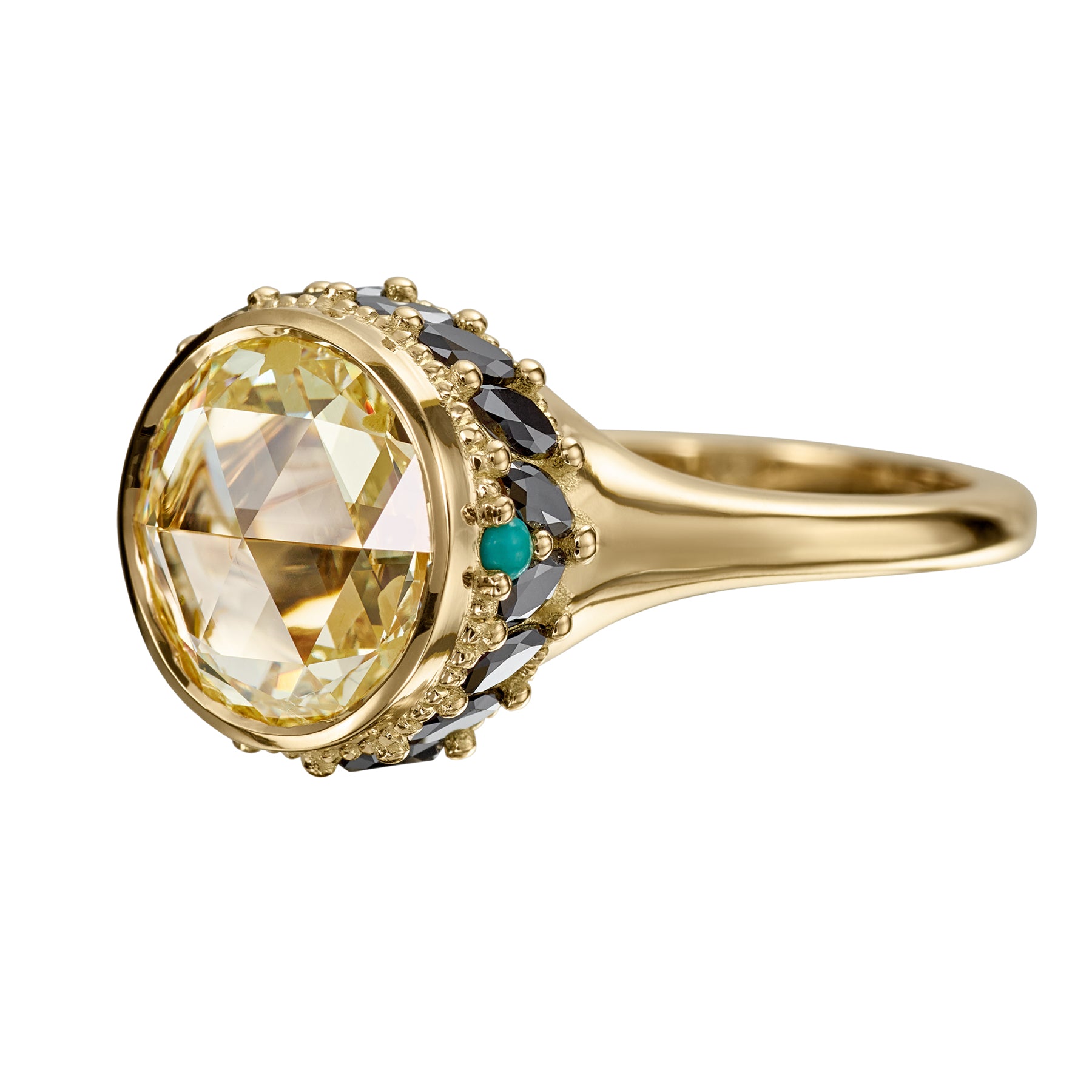 Hathi-OOAK-Rose-Cut-Diamond-Black-Diamond-Turquoise-Engagement-Ring-closeup