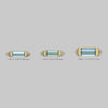 Three gemstones in yellow gold settings with measurements on a gray background