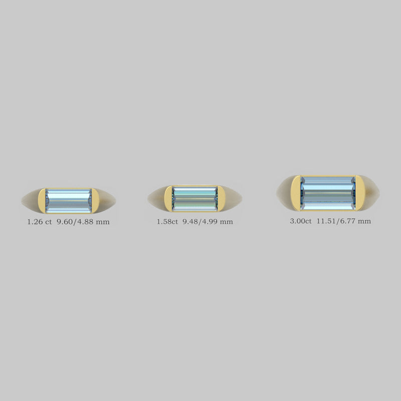 Three gemstones in yellow gold settings with measurements on a gray background
