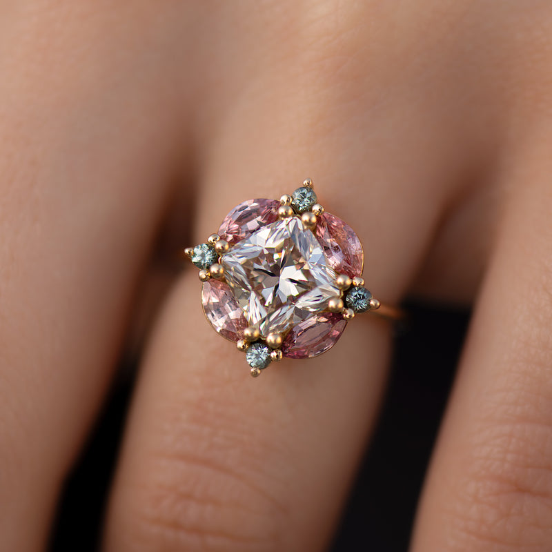 Mosaic-Engagement-Ring-with-Cushion-Cut-Diamond-and-Sapphires-Closeup-Yana