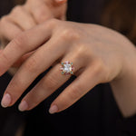 Mosaic-Engagement-Ring-with-Cushion-Cut-Diamond-and-Sapphires-On-Hand-Yana