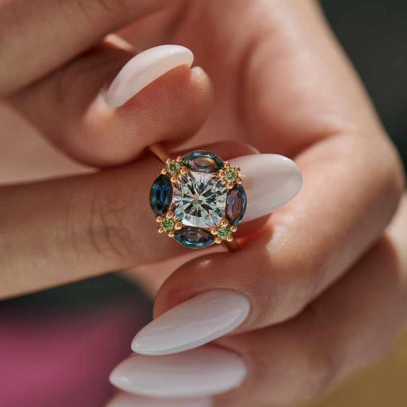 Mosaic Lab Grown Cushion Cut Diamond Sapphire & Garnet Engagement Ring
