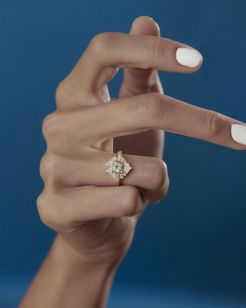 Oasis-OOAK-Parti-Sapphire-Baguette-Diamond-Engagement-Ring-ON-FINGER