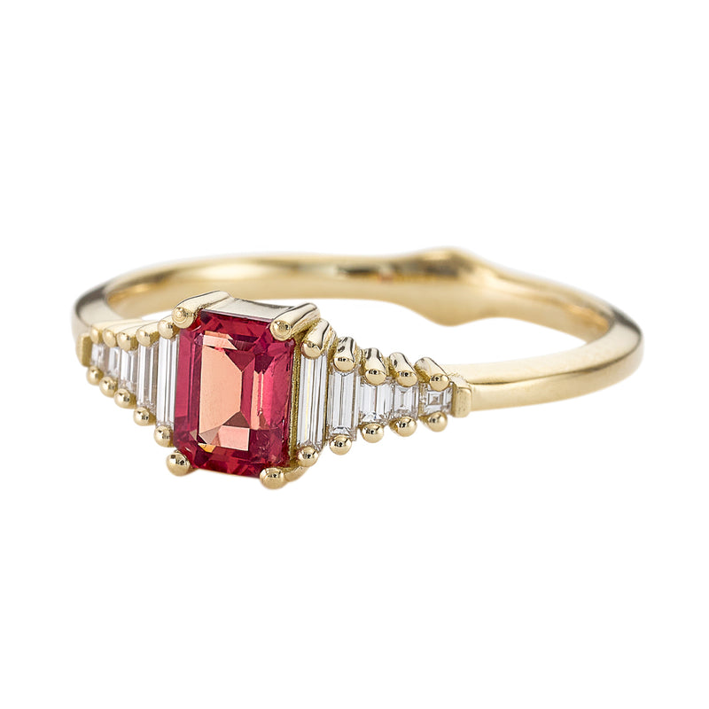 Ready to Ship - Padparadscha Sapphire Engagement Ring with Baguette Diamond Detailing (size US 5.75-6.75)