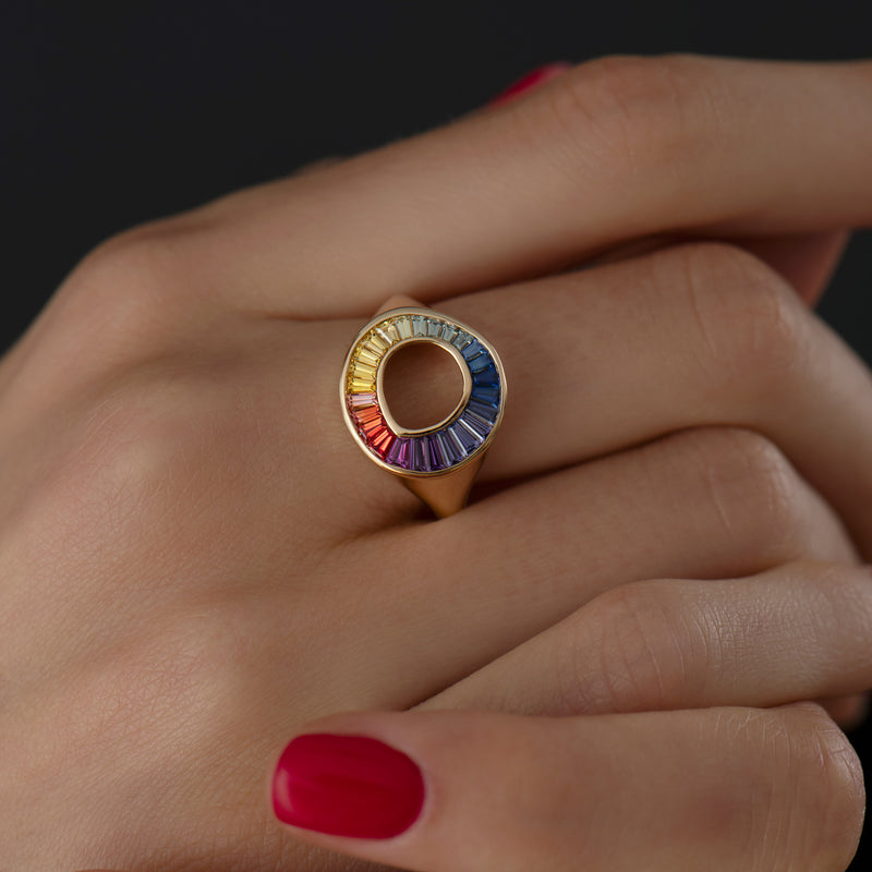 Rainbow Sapphire Baguette Sphere Ring - OOAK