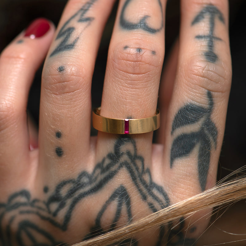 Ruby Baguette Unisex Matte Gold Wedding Band