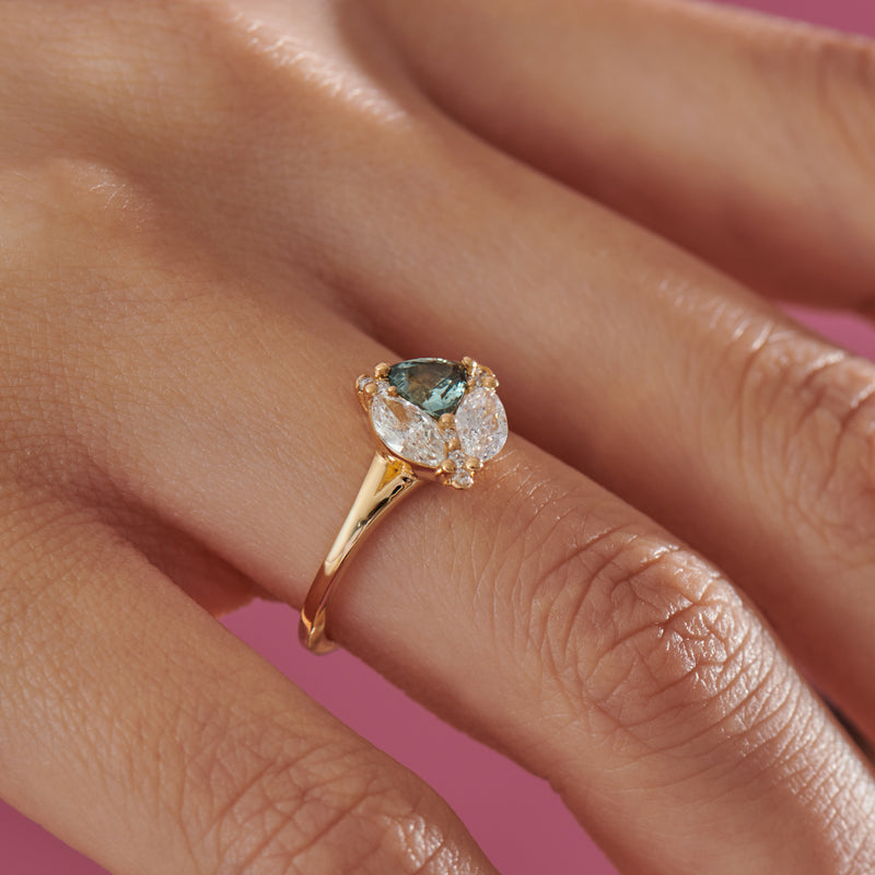 Ready to Ship - Serene Trillion Teal Sapphire and Marquise Diamond Engagement Ring (size US 4-8)