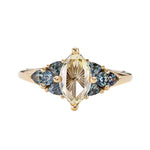 Ready to Ship - Starburst Rose Cut Diamond Engagement Ring with Teal Sapphire Trillions (size US 4-8)