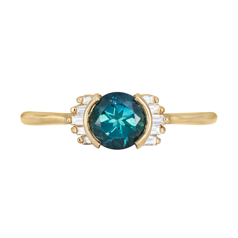 Ready to Ship - Teal Sapphire Ring with Baguette Diamond Wings - Limited Edition (size US 4-8)