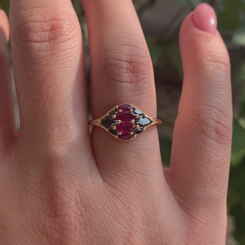 Dome-Marquise-Ruby-Black-Diamond-Ring-video
