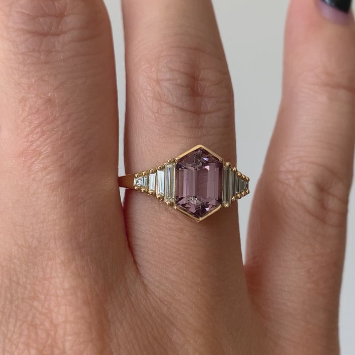 Lilac-Engagement-Ring-with-an-Elongated-Hexagon-Spinel-and-Baguette-Diamonds-VIDEO