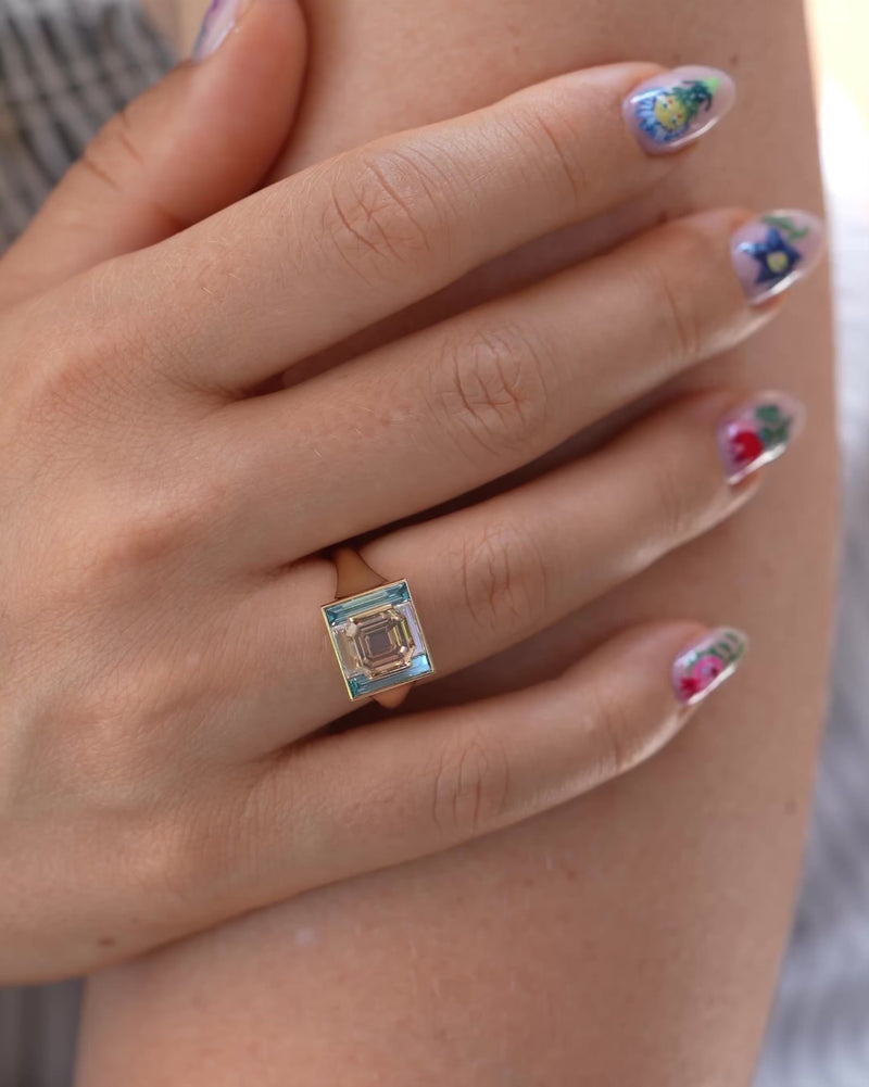 Piet-Fancy-Emerald-Cut-Diamond-Ring-with-Teal-&-White-Diamond-Halo-VIDEO-1