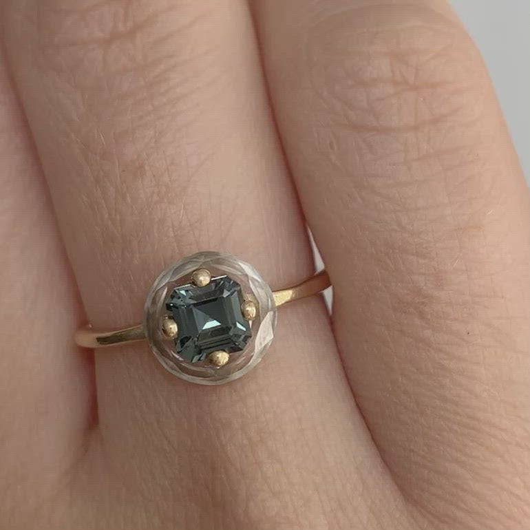 Diamond-Sphere -Ring-with-Asscher-Cut-Teal-Sapphire-OOAK