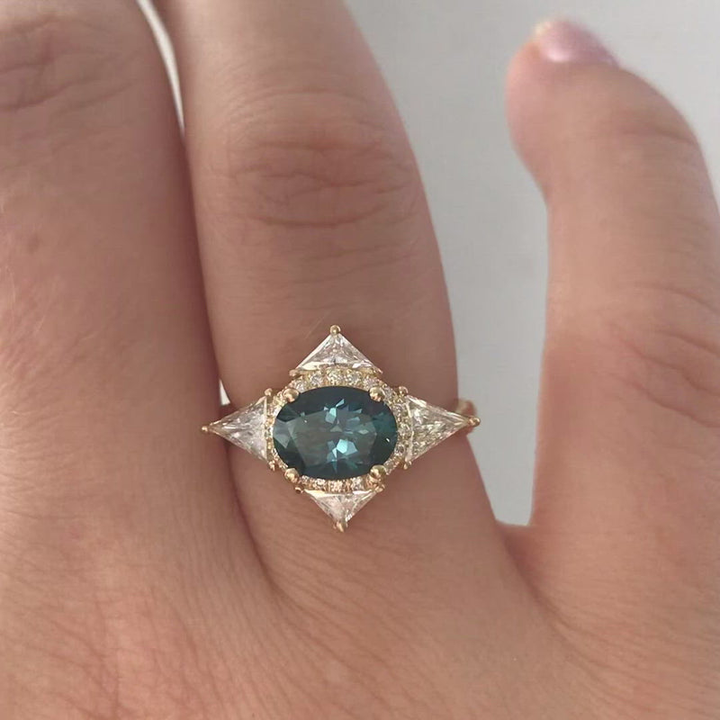 Teal-Sapphire-Deco-Ring-with-Triangle-Diamonds-video