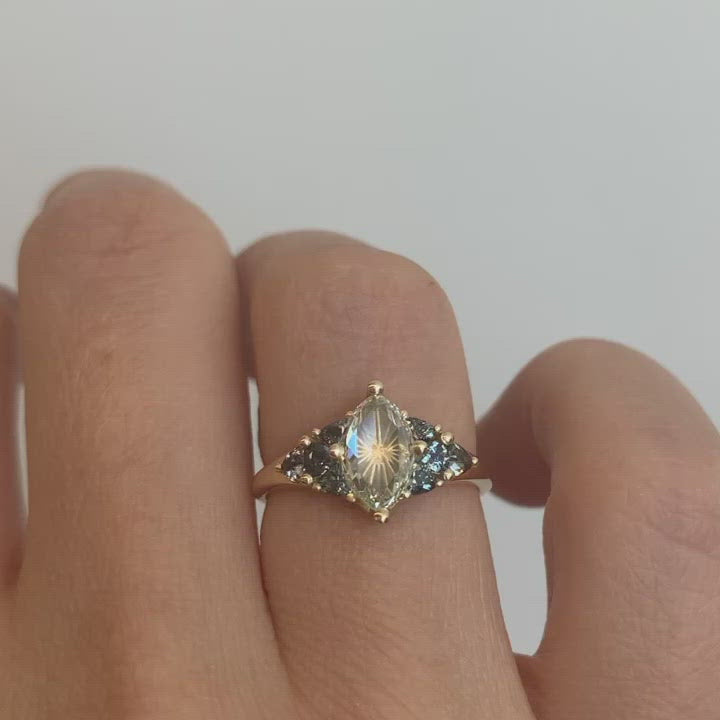 Starburst-Rose-Cut-Diamond-Engagement-Ring-with-Teal-Sapphire-Trillions-video