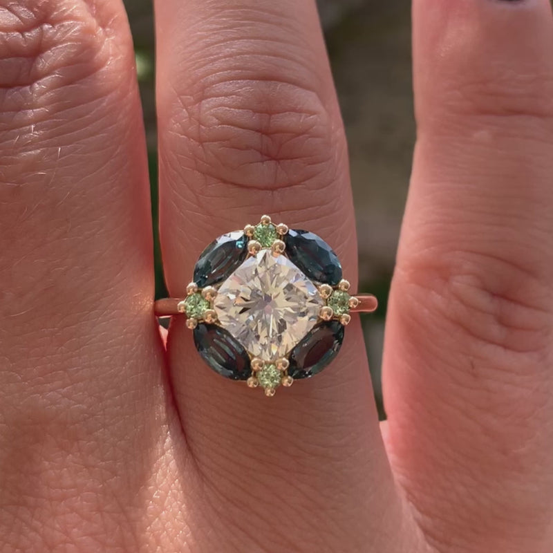 Mosaic-Lab-Grown-Cushion-Cut-Diamond-Sapphire-&-Garnet-Engagement-Ring-video