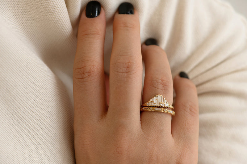 Art Deco Wedding Ring Set Front Shot on Hand 