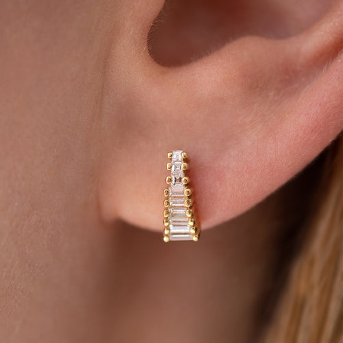 Art Deco Diamond Earrings on Ear up close detail shot 