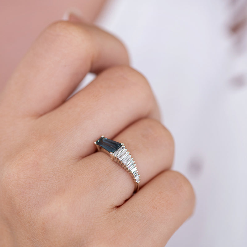 Art Deco Diamond and Sapphire Ring on finger