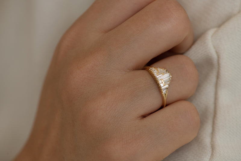 Art Deco Style Engagement Ring on Hand Up Close in Sun 