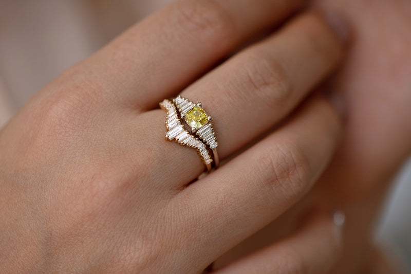 Art Deco Wedding Ring - Tapered Baguette Diamond Ring in Set on hand with Yellow Diamond ring 