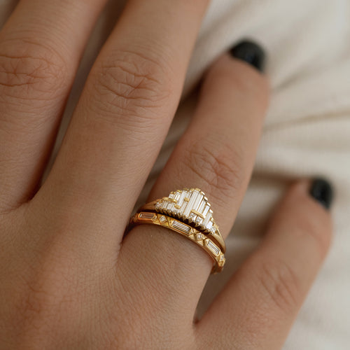 Art Deco Wedding Ring Set Up Close on Hand 