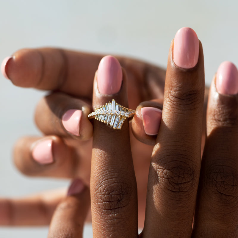 Asymmetrical-Baguette-Cluster-Ring-with-Round-Diamond-Beams-on-finger