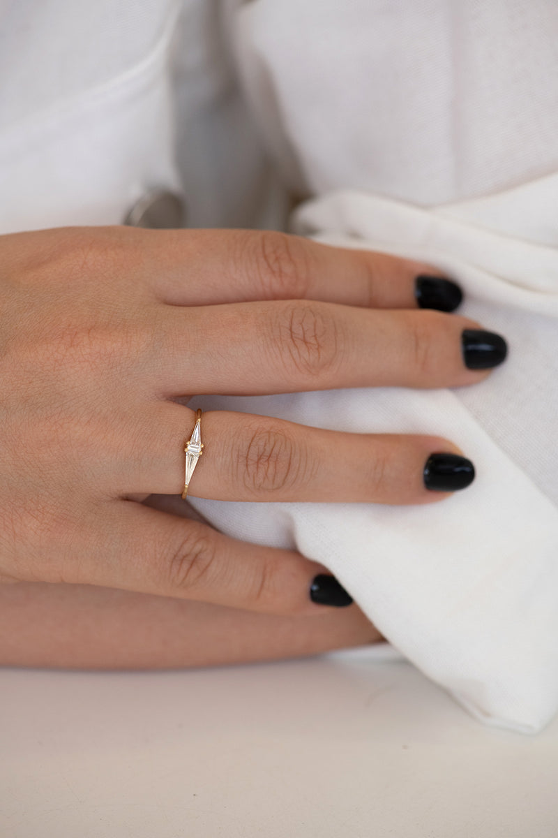 Asymmetrical Engagement Ring - Arrow Diamond Ring on Hand