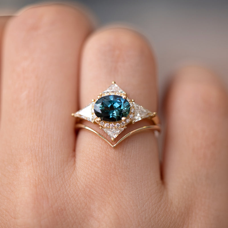 Teal Sapphire Deco Ring with Triangle Diamonds on middle finger.jpg