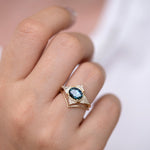 Teal Sapphire Deco Ring with Triangle Diamonds with band
