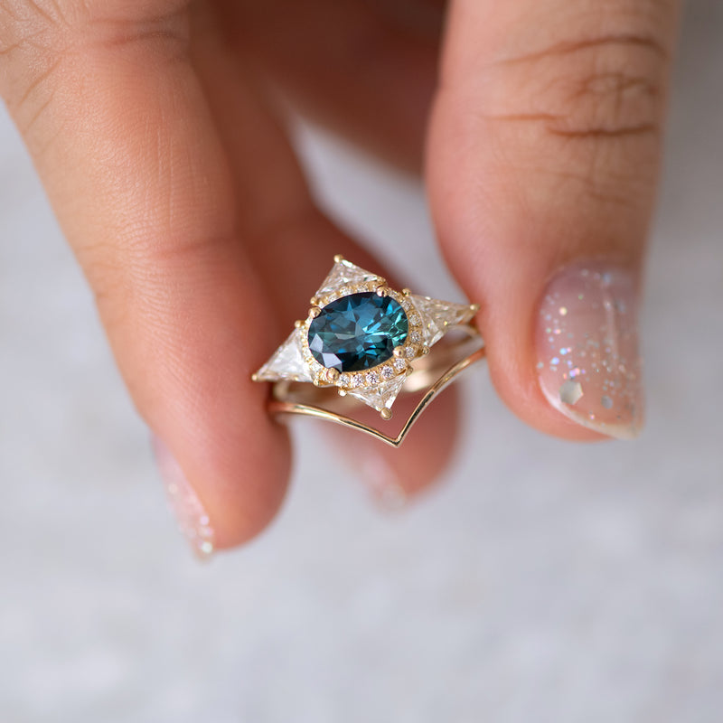 Teal Sapphire Deco Ring with Triangle Diamonds top view