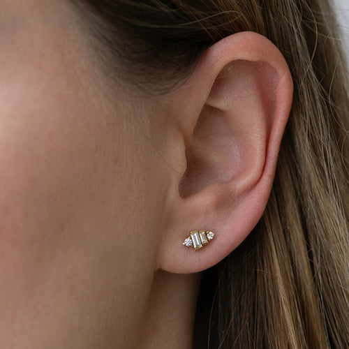 Baguette Diamond Earrings Detail Shot on Ear